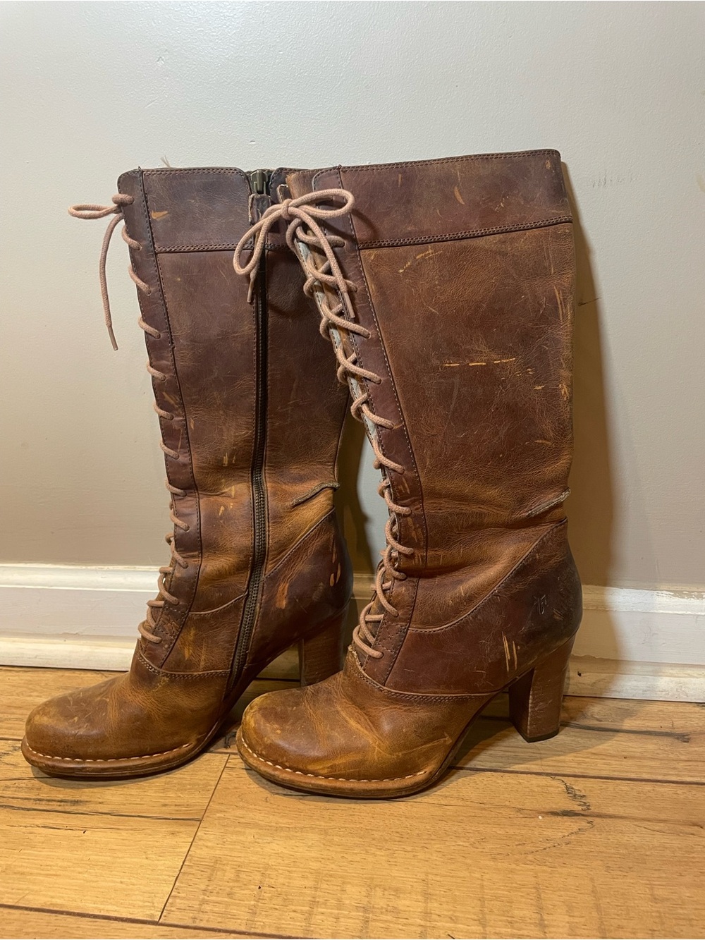 Frye Villager Brown Leather Lace-Up Knee Boots